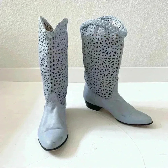 Vintage 80s Steve Fleming Western Blue Mid Calf Boots Perforated Cut Out Boho - Picture 1 of 9
